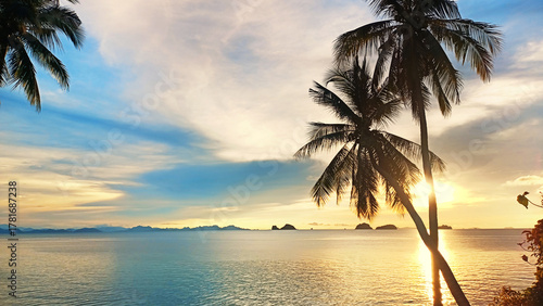 Sea beach sunset, ocean sunrise, beautiful tropical island landscape, coconut palm trees silhouette, golden sun light reflection, blue sky clouds, summer holiday, vacation, travel, Koh Samui, Thailand