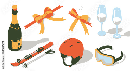 Festive Winter Holiday Champagne, Skis, and Cheerful Celebration Icons
