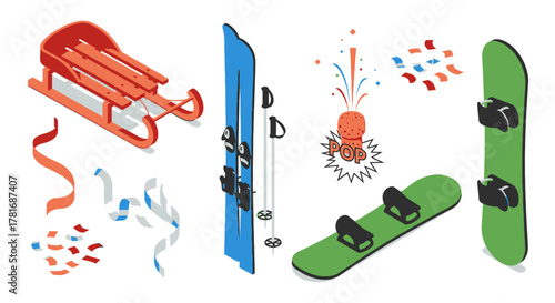 Winter Fun Sled, Skis, Snowboard, Festive Sprinkles for Joyful Snowy Days