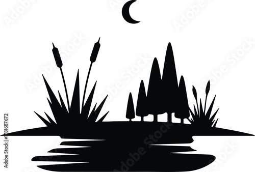 Illustrator Nature scenery with moon reflection in water Silhouette vector