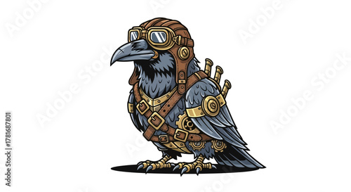 Whimsical steampunk raven character design with aviator goggles and intricate gear details, perfect for fantasy art, creative projects and imaginative designs