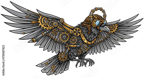 Magnificent steampunk raven soaring with intricate gears and goggles, a bold symbol of innovation and timeless artistry for your creative projects now