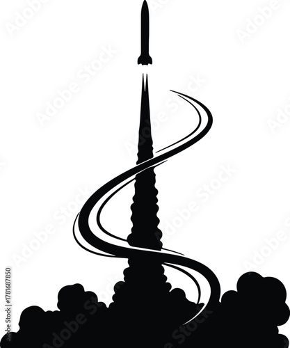 Illustrator Rocket launch with smoke trail black and white Silhouette vector