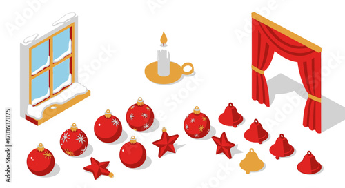 Festive Christmas Elements Collection Baubles, Stars, Candle, Bells and Window