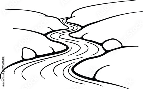Illustrator Winding river through rocky landscape black and white Silhouette vector