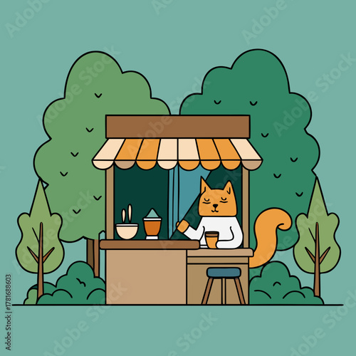 Charming cartoon squirrel serving coffee at a park kiosk surrounded by trees