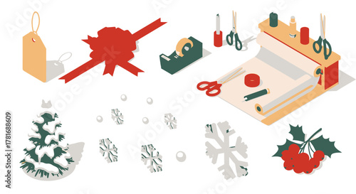 Festive gift wrapping station with bow, tree, snowflakes, paper, tools