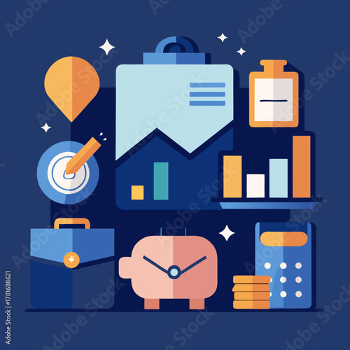 Financial planning and business growth icons with charts and piggy bank