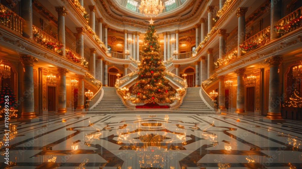 Obraz premium Grand Palace Staircase with Christmas Tree and Golden Lights