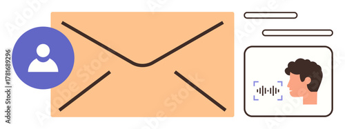 Large envelope, user profile icon, speech bubble with voice input. Ideal for communication, email, messaging, contact, personalization digital tools collaboration. Clean and simple flat metaphor