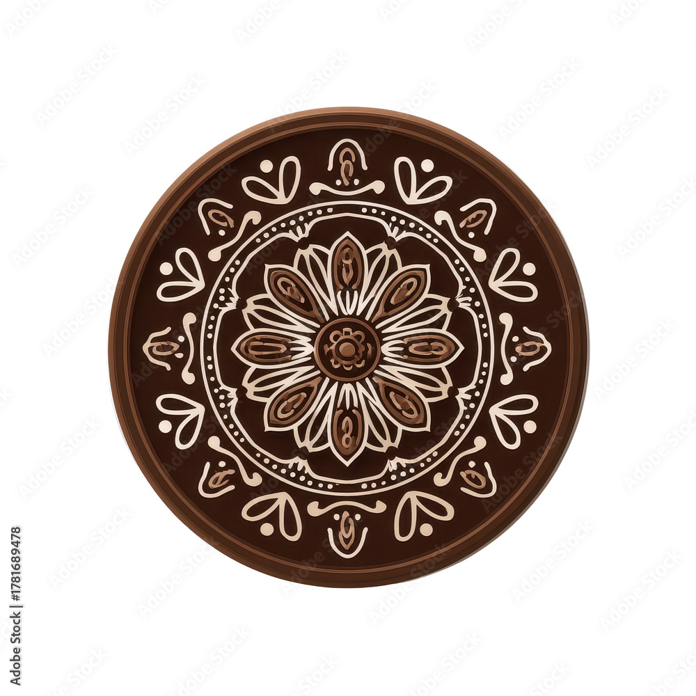 Obraz premium Round brown decorative plate with intricate white and tan floral mandala pattern design