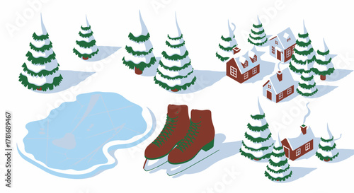 Winter's Embrace Ice Skating by the Snowy Forest and Quaint Village Homes