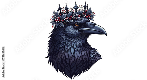 Majestic raven crowned with dark foliage and berries, exuding mystery and regal power for your creative projects.