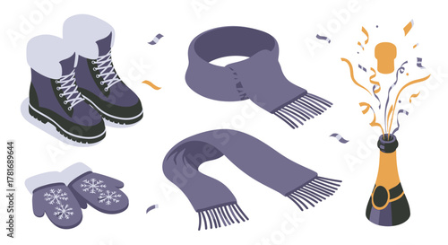 Winter Essentials Still Life Warm Boots, Cozy Scarf, Festive Champagne Celebration