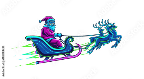 Futuristic Santa Claus speeds through the night sky in a neon-lit sleigh pulled by dynamic reindeer, spreading holiday cheer with vibrant, modern energy.