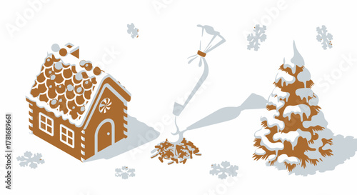 Festive gingerbread house and snow covered tree usher in winter holidays