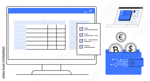 Computer screen featuring a data table, checklist, cryptocurrency wallet with coins, and tablet. Ideal for finance, data management, online payments, organization, fintech budgeting simple flat