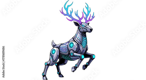 Stunning futuristic robotic deer with glowing neon antlers and circuits, showcasing advanced technology and imaginative design