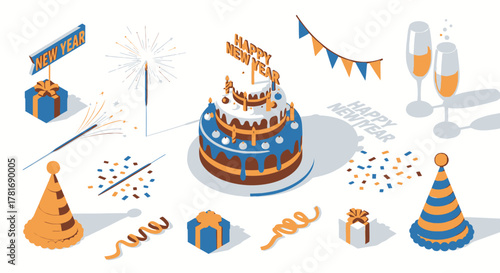 Isometric Festive Party Celebration Still Life with Cake, Confetti, and Gifts