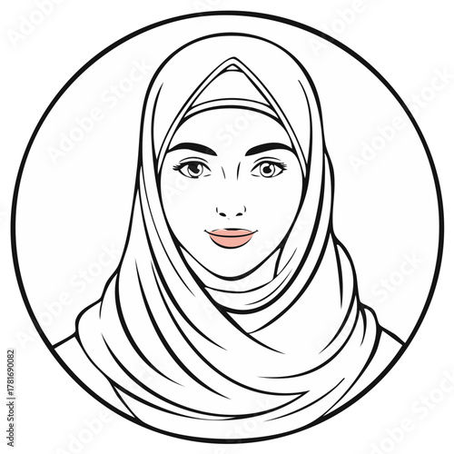 Elegant Muslim woman portrait wearing a traditional headscarf minimalist line art illustration