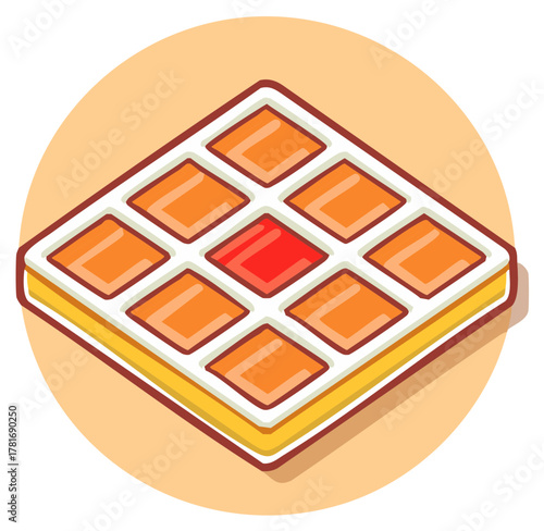 Isometric Belgian waffle illustration with unique red square and golden grid pattern