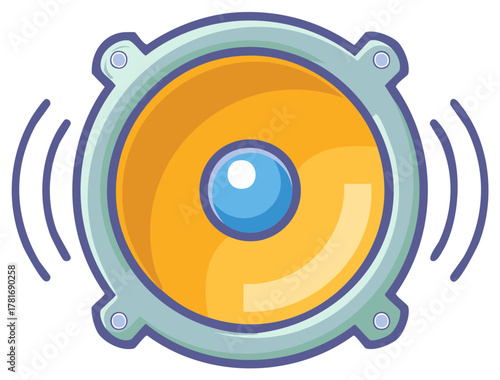 Vibrating audio speaker emitting sound waves with a bright yellow cone and blue center element