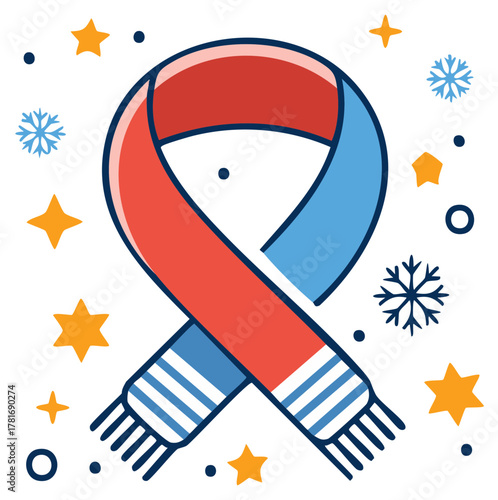 Colorful winter scarf with snowflakes and stars illustrated in flat design style