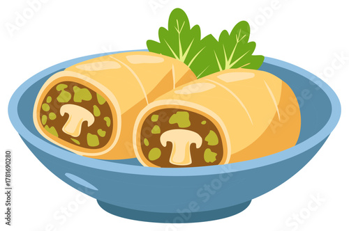 Savory mushroom and vegetable rolls served in a blue bowl illustration