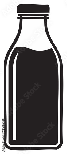 Simple black and white illustration of a glass bottle filled with dark liquid