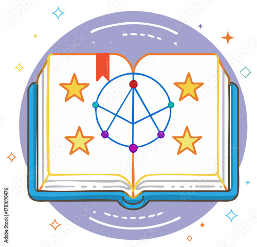 Enchanted Spellbook Open with Arcane Circle, Sacred Geometry, and Stars