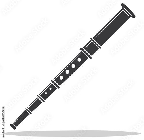 Classic woodwind musical instrument icon. Simple dark silhouette of a recorder or flute with finger holes.