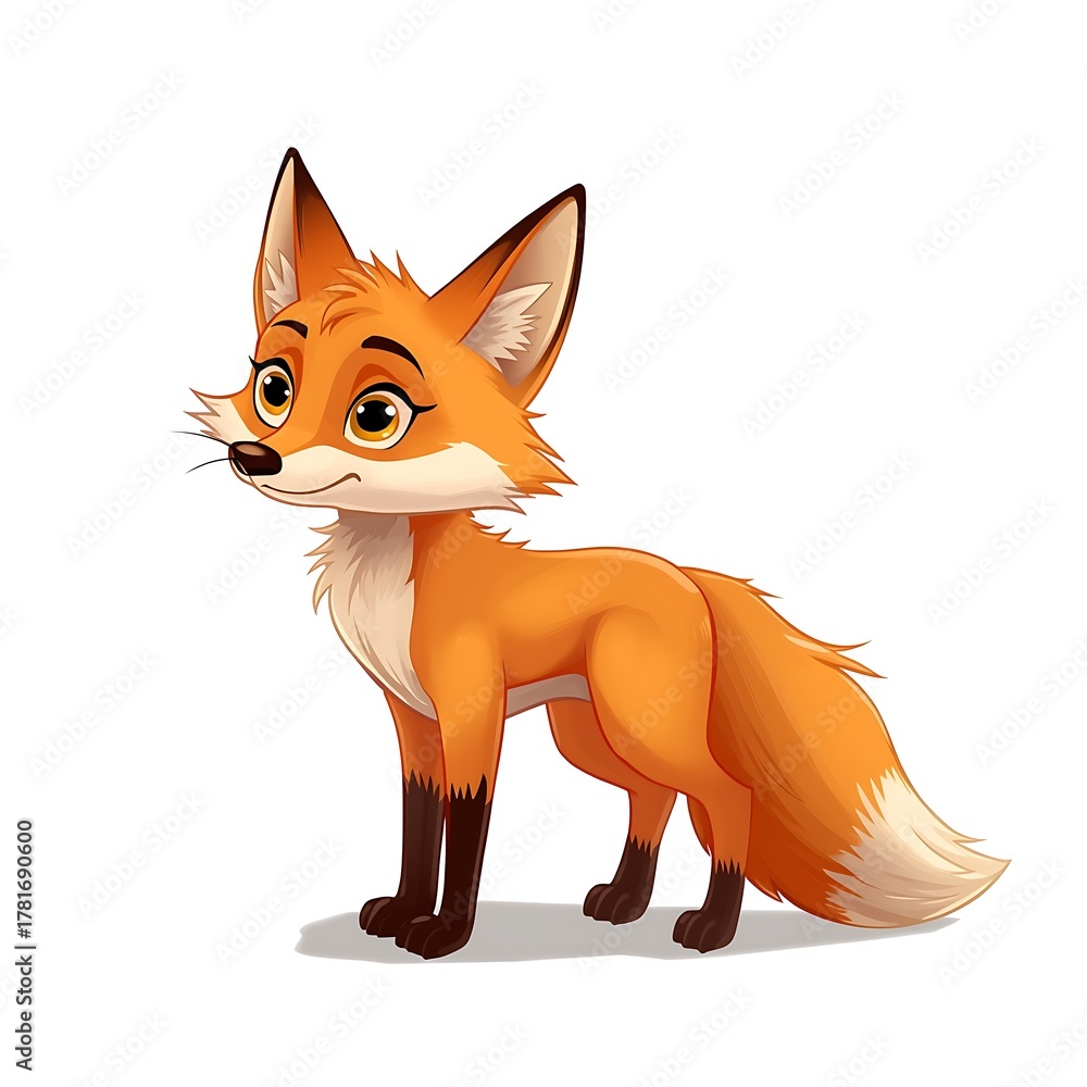 Fototapeta premium Cartoon fox standing and looking to the side on white background illustration vector