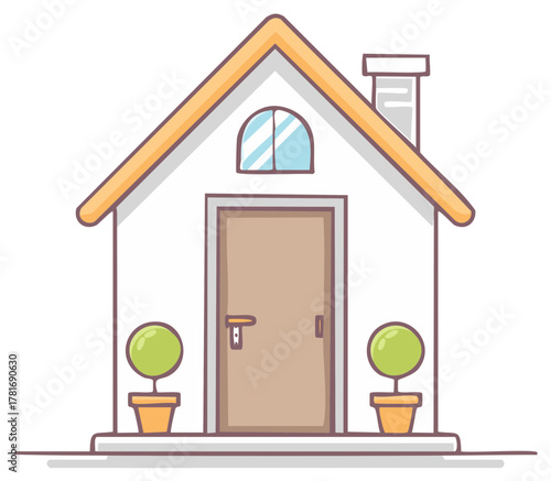 Simple cartoon house with chimney, door, window and potted plants in minimalist style