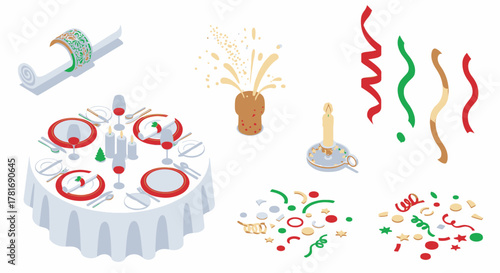 Festive Holiday Table Setting with Decorations in Isometric View for Celebrations