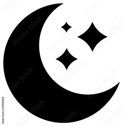 Crescent moon and stars illustration, black graphic on white background