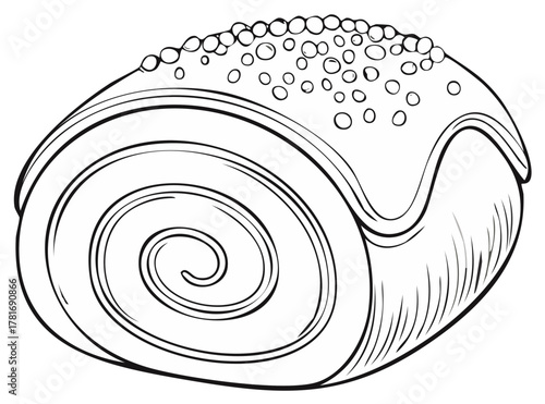 Swirled sweet bun with icing and pearl sugar, a black and white line art illustration.