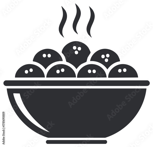 Steaming hot bowl of delicious meatballs or dumplings graphic illustration vector