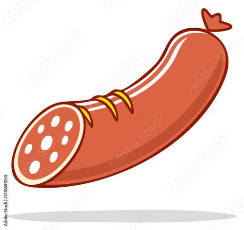 A stylized illustration of a whole cooked sausage with a sliced end revealing white spots