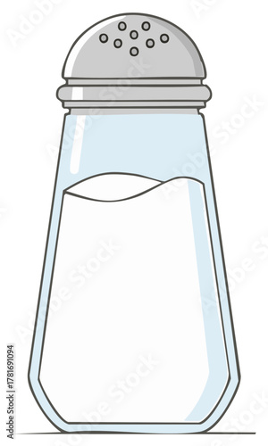 Simple illustration of a glass salt shaker with a silver metal top and white salt inside