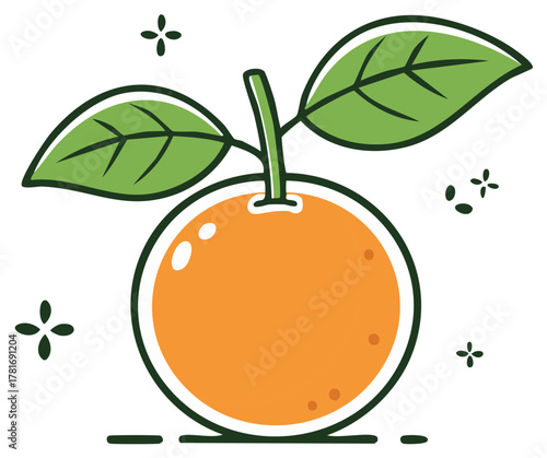 Stylized illustration of a fresh orange fruit with leaves and decorative floral elements.