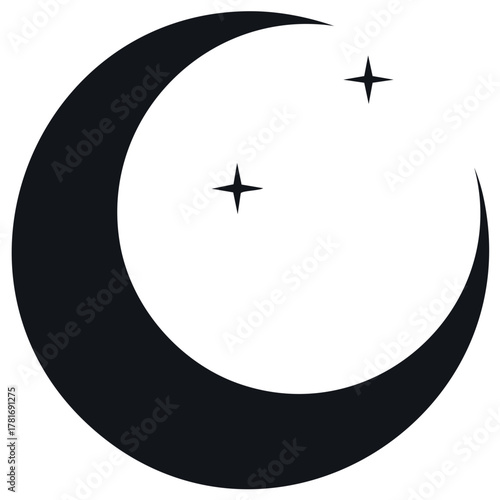Crescent moon shape with two star shapes against a white background