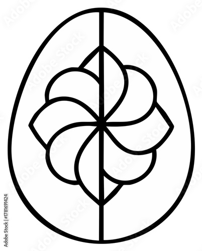 Elegant geometric Easter egg outline illustration with a symmetrical floral pinwheel pattern