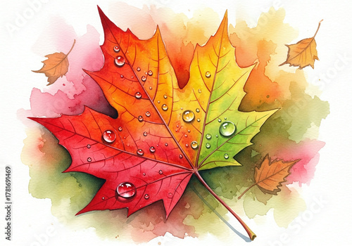 Vibrant watercolor maple leaf with dew drops, showcasing autumn colors, isolated on white background