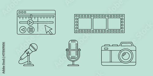 Collection of media production icons including video editing, film, microphone, and camera.