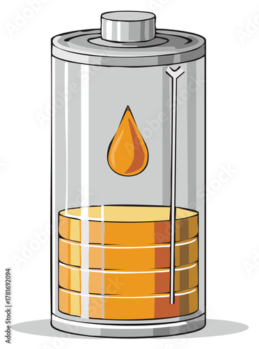 Conceptual illustration of a battery recharging with a drop of golden liquid energy