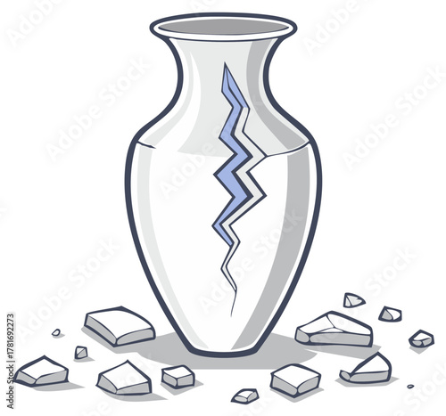 Broken Ceramic Vase with Visible Cracks, Scattered Shards - Fragility and Imperfection in Pottery, Cartoon Illustration