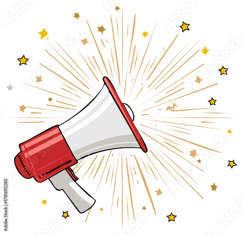 Red and white megaphone announcing with burst lines and scattered stars celebration