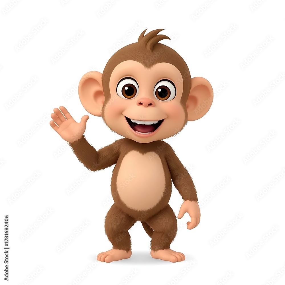 Fototapeta premium Waving cartoon monkey with brown fur and big eyes on white background Keywords: monkey, ape, primate