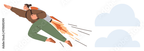 Person flying with a rocket-powered jetpack, aiming forward towards success over clouds. Ideal for growth, innovation, leadership, achievement, freedom, motivation and futuristic aspirations. A