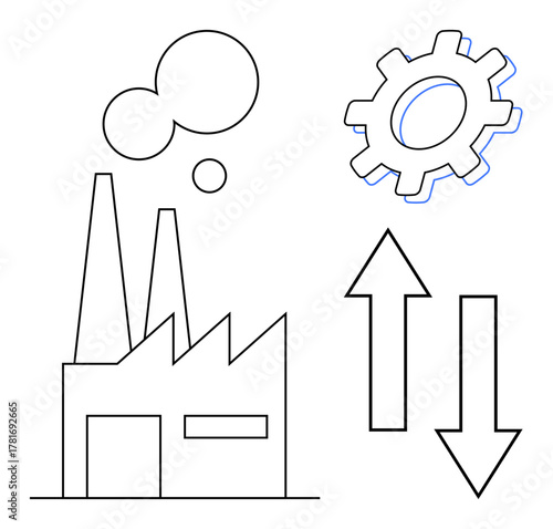 Factory with smokestacks, gear above, upward and downward arrows. Ideal for industry, manufacturing, economic trends, production, growth development efficiency. Minimalist simple flat metaphor